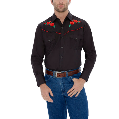 Ely Cattleman Long Sleeve Western Snap Shirt with Rose Embroidery